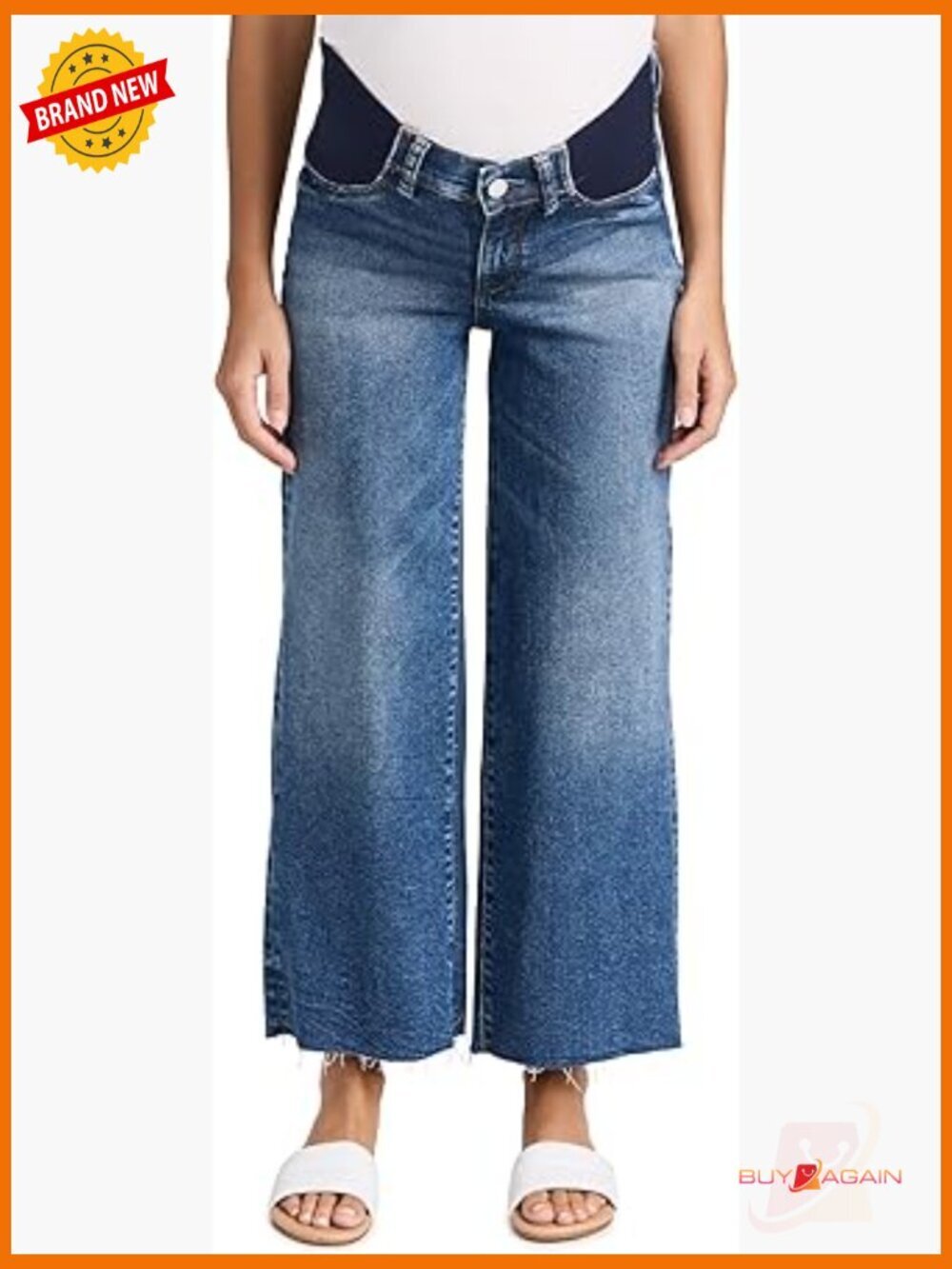 Maternity Wide Leg Jeans with Elastic Waist Frayed Cuffs Mid-Rise 27in Inseam